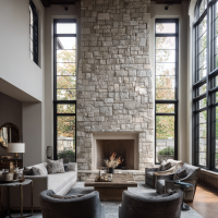 Unusual Materials and Finishes: Brick, Wood, Stone Fireplaces, Stained Glass