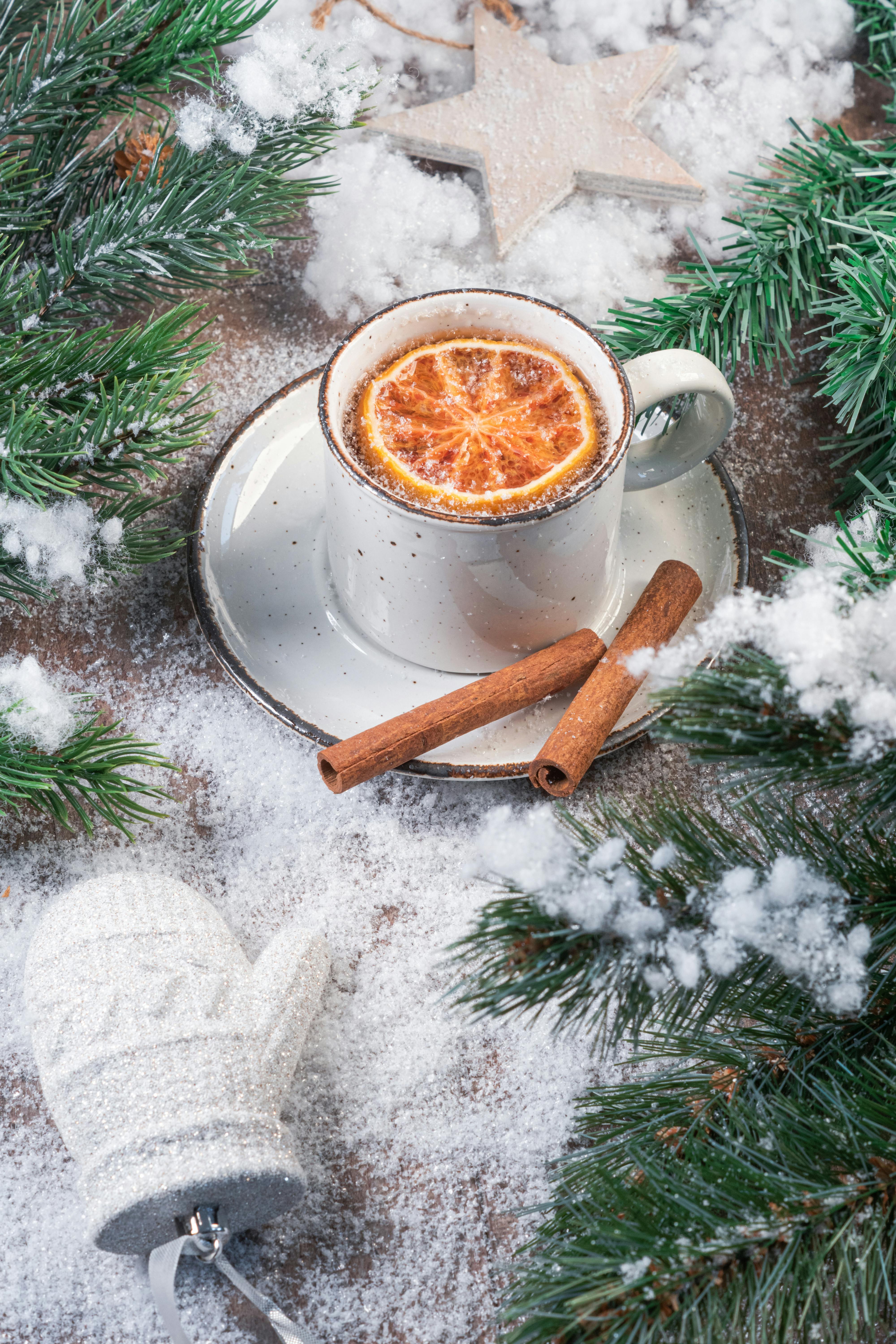 A cup of cider with cinnamon sticks on a bed of snow
