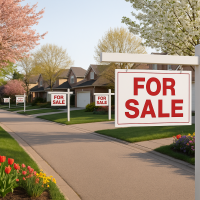 Street in spring with lots of FOR SALE signs