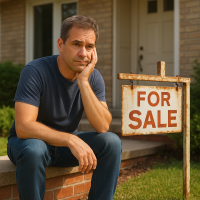a seller sitting worried in front of an old for sale sign