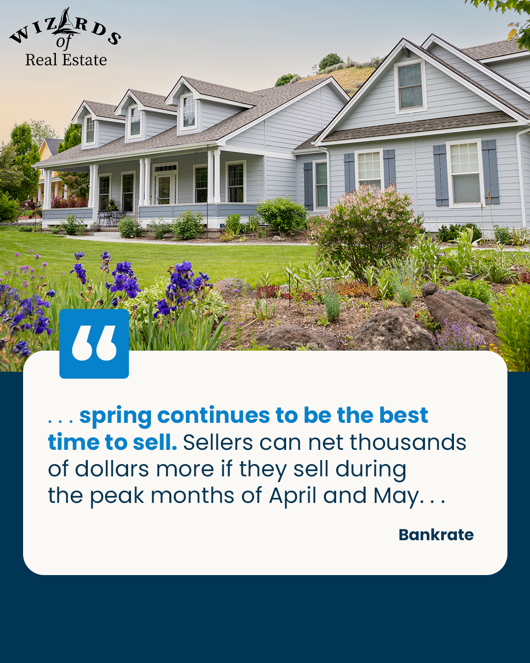 photo of home with text below talking about spring being the best time to sell a house