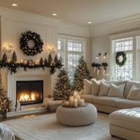 Elegant holiday living room staged for winter home sale.