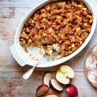 Overnight Apple Cinnamon French Toast Bake with apples and maple syrup.