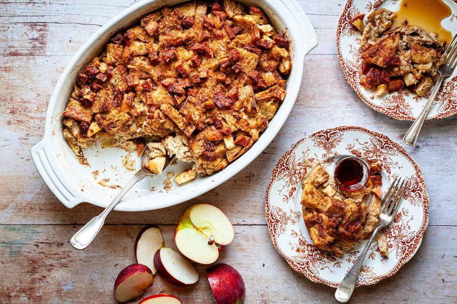 Overnight Apple Cinnamon French Toast Bake with apples and maple syrup.