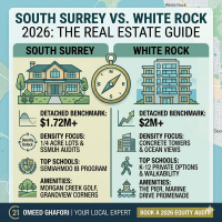 Omeed Ghafori comparison infographic for South Surrey real estate and White Rock real estate. Shows benchmarks for detached homes, condo density, school programs (IB), and walkability scores. Includes 'Book a 2026 Equity Audit' CTA.