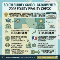 Omeed Ghafori comparison infographic for South Surrey real estate and White Rock real estate. Shows 2026 benchmarks for detached homes, condo density, school programs (IB), and walkability scores. Includes 'Book a 2026 Equity Audit' CTA.